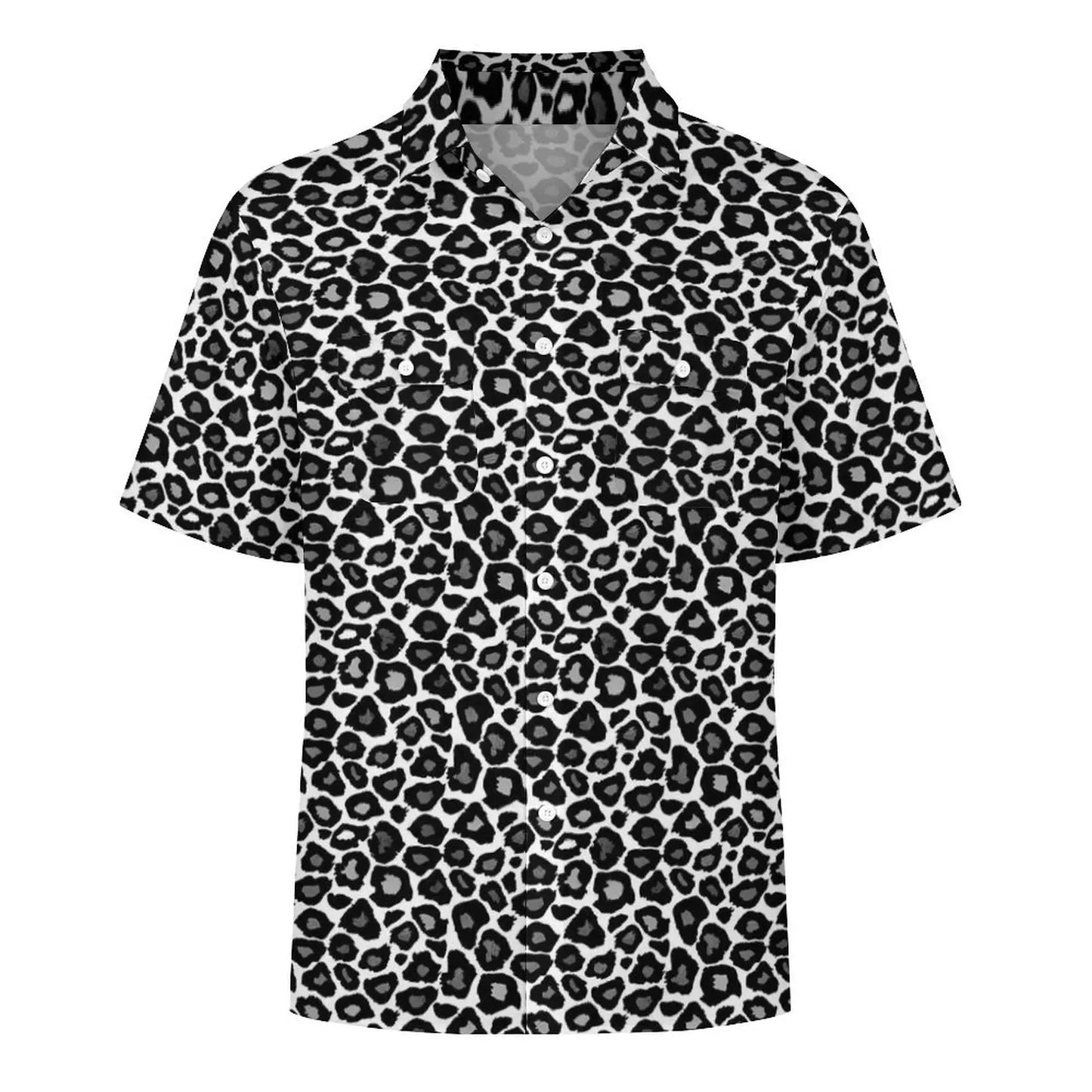 Black White Leopard Hawaiian Shirt Men Beach Animal Print Casual Shirts Short Sleeve Harajuku Graphic Trendy Oversized Blouses