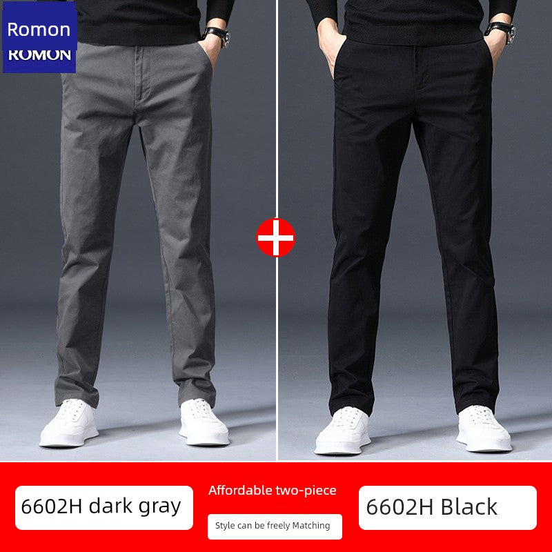 Romon Pure Cotton Casual Pants Men's Autumn and Winter Straight-leg Stretch Business Trousers Velvet Padded Loose Easiest for Match Youth Long Pants