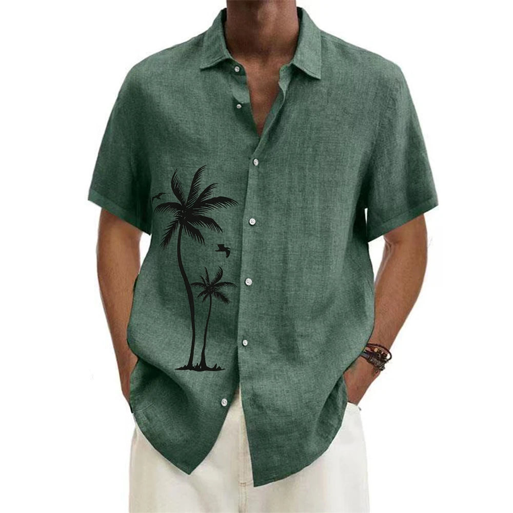 Summer Men Hawaiian Shirts Coconut Tree Lapel Camisas Men Fashion Short Sleeve Shirt Floral Blouse Turn over Collar Clothes Male