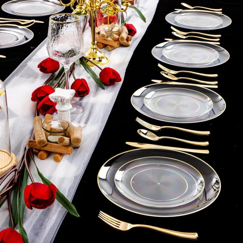 100PCS Green Plastic Plates - Green Disposable With Gold Rim - Plates Disposable Include 50PCS Green Dinner Plates