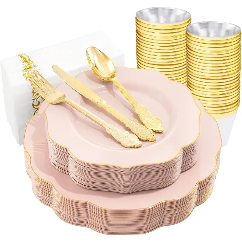 175PCS Plastic Plates - Heavy Duty Disposable Plates with Gold Rim Include 25 Dinner Plates, 25 Cups, 25 Napkins, 75 Cutlery