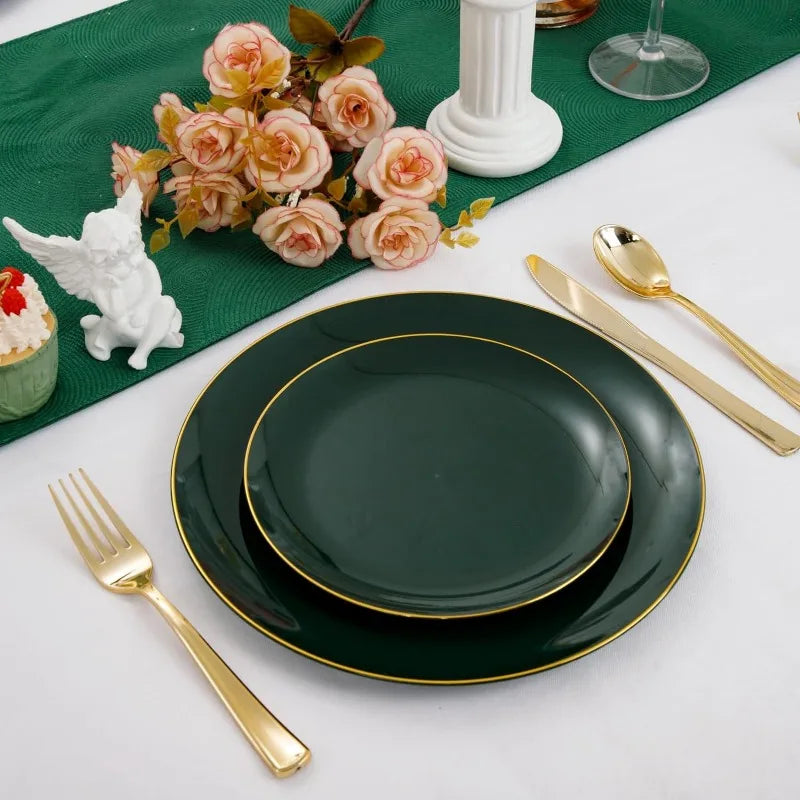 100PCS Green Plastic Plates - Green Disposable  With Gold Rim -  Plates Disposable Include 50PCS Green Dinner Plates