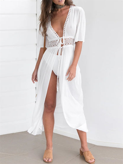 2024 Summer Bikini Cover-ups Women Bohemian Beach Long Dress Short Sleeve Lace Hollow Out Cardigan Swimwear Cover Ups Beachwear