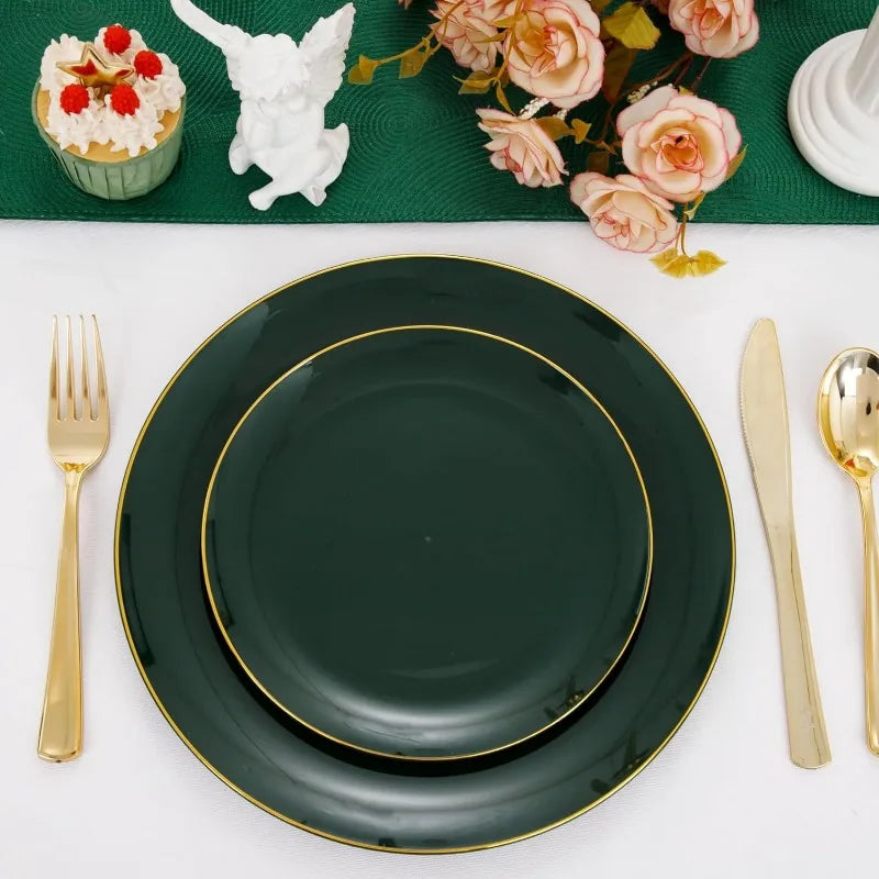 100PCS Green Plastic Plates - Green Disposable  With Gold Rim -  Plates Disposable Include 50PCS Green Dinner Plates