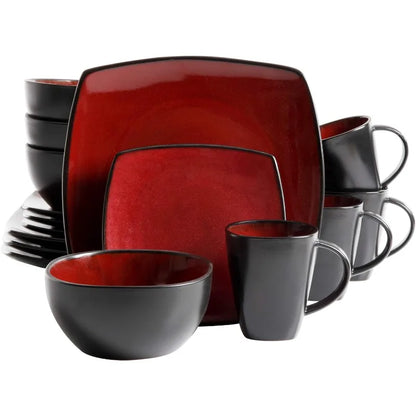 Soho Lounge Square Reactive Glaze Dinnerware Set, Red, Service for 4 (16pcs)