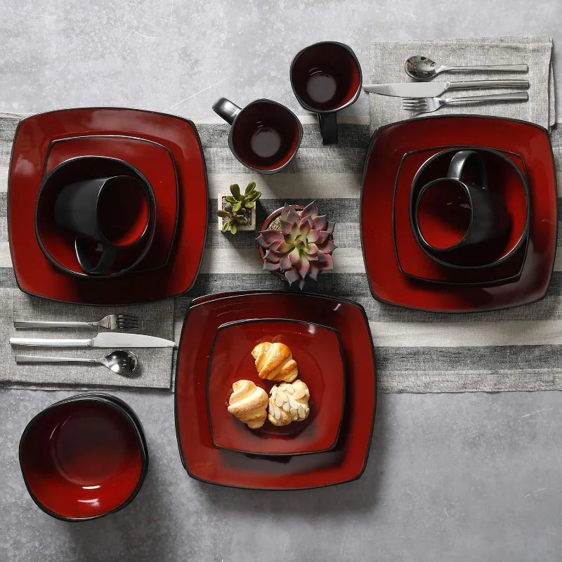 Soho Lounge Square Reactive Glaze Dinnerware Set, Red, Service for 4 (16pcs)