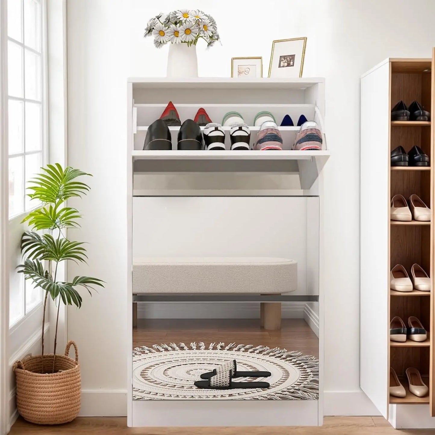 Narrow flip Shoe Cabinet -3-Layer flip Drawer+2 Storage Drawers, Ultra-Thin Shoe Cabinet Suitable for Various Shoes