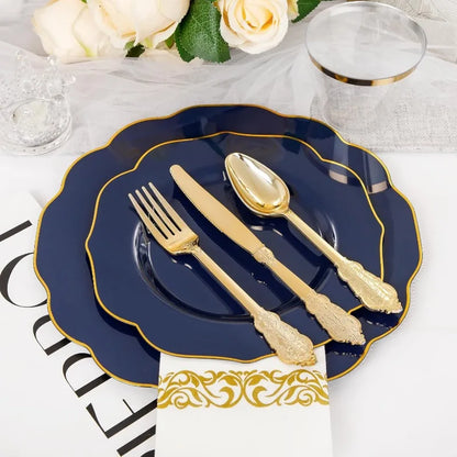 175PCS Plastic Plates - Heavy Duty Disposable Plates with Gold Rim Include 25 Dinner Plates, 25 Cups, 25 Napkins, 75 Cutlery