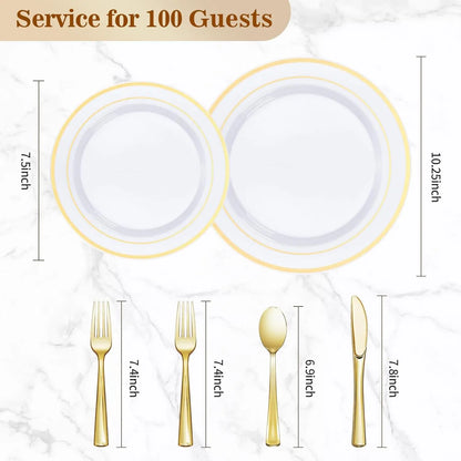 600PCS Gold Plastic Plate Set (100 Guests) Plastic Plates for Party Wedding Birthday Disposable Dinnerware Set of Plastic Plates