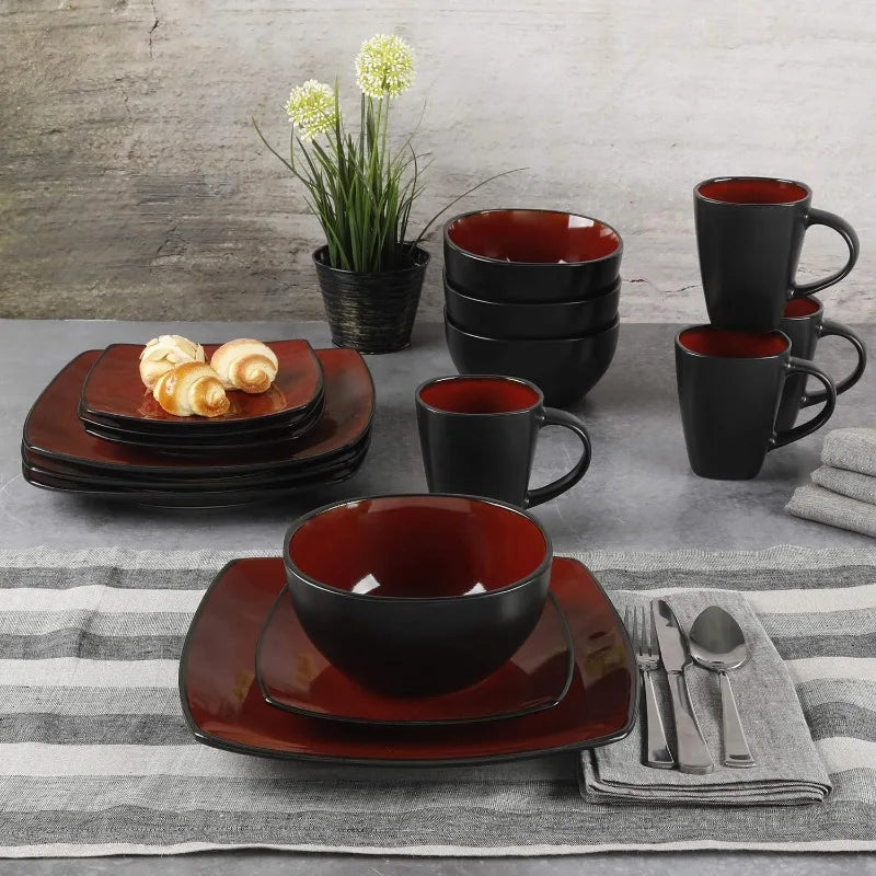 Soho Lounge Square Reactive Glaze Dinnerware Set, Red, Service for 4 (16pcs)