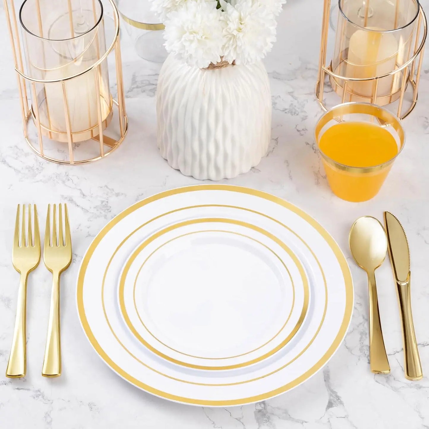 600PCS Gold Plastic Plate Set (100 Guests) Plastic Plates for Party Wedding Birthday Disposable Dinnerware Set of Plastic Plates