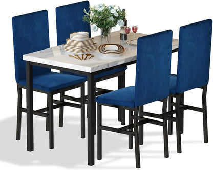 Dining Table Set for 4- Space Saving Kitchen Table and Chairs for 4, Modern Style Faux Marble Tabletop & 4 Blue Velvet Chairs