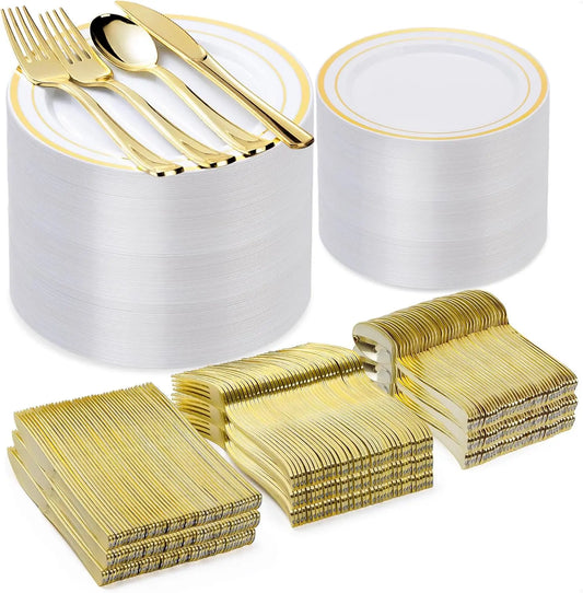 600PCS Gold Plastic Plate Set (100 Guests) Plastic Plates for Party Wedding Birthday Disposable Dinnerware Set of Plastic Plates