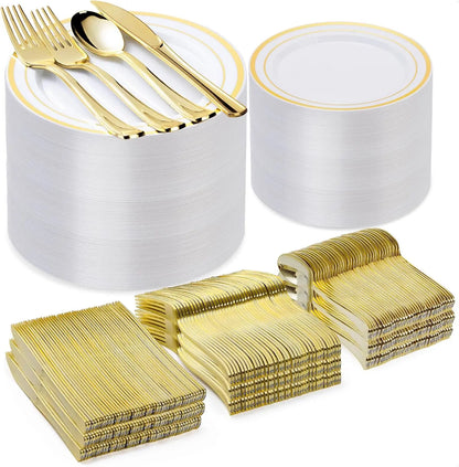 600PCS Gold Plastic Plate Set (100 Guests) Plastic Plates for Party Wedding Birthday Disposable Dinnerware Set of Plastic Plates