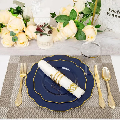 175PCS Plastic Plates - Heavy Duty Disposable Plates with Gold Rim Include 25 Dinner Plates, 25 Cups, 25 Napkins, 75 Cutlery