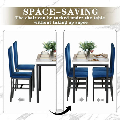 Dining Table Set for 4- Space Saving Kitchen Table and Chairs for 4, Modern Style Faux Marble Tabletop & 4 Blue Velvet Chairs