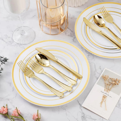 600PCS Gold Plastic Plate Set (100 Guests) Plastic Plates for Party Wedding Birthday Disposable Dinnerware Set of Plastic Plates