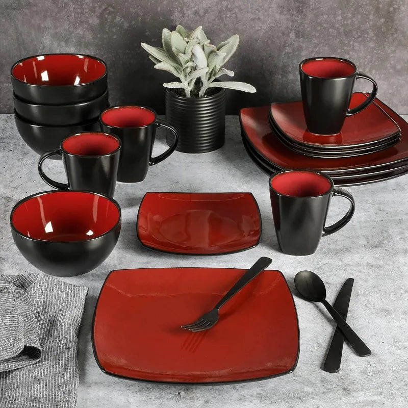 Soho Lounge Square Reactive Glaze Dinnerware Set, Red, Service for 4 (16pcs)