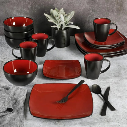 Soho Lounge Square Reactive Glaze Dinnerware Set, Red, Service for 4 (16pcs)