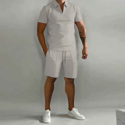 Men's suit solid color polo shirt lapel vertical strip pants short sleeve shorts sports casual loose fashion men's wear