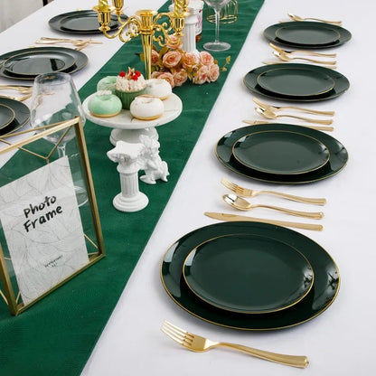 100PCS Green Plastic Plates - Green Disposable  With Gold Rim -  Plates Disposable Include 50PCS Green Dinner Plates