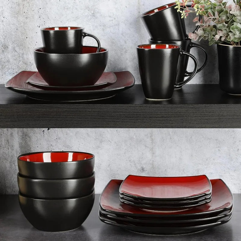 Soho Lounge Square Reactive Glaze Dinnerware Set, Red, Service for 4 (16pcs)