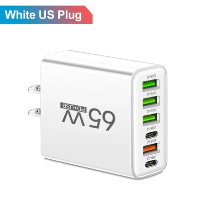 Total 65W USB C Charger Muti 6 Ports Fast Charging QC3.0 Type C Mobile Phone Wall Adapter for iPhone 15 Pro Max Xiaomi Samsung