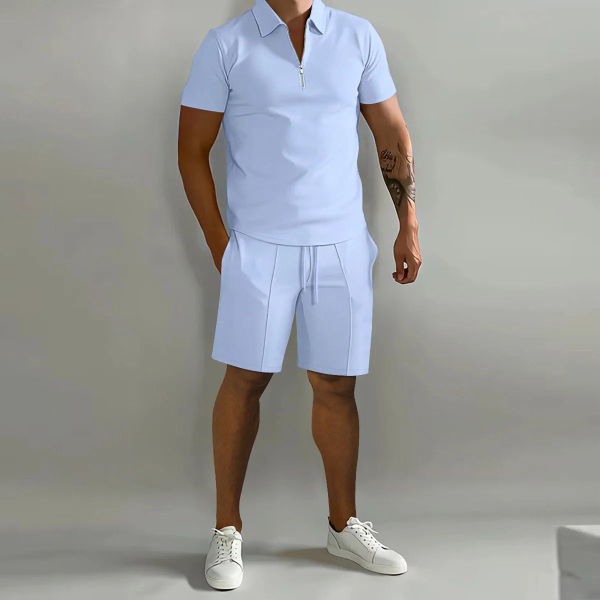 Men's suit solid color polo shirt lapel vertical strip pants short sleeve shorts sports casual loose fashion men's wear
