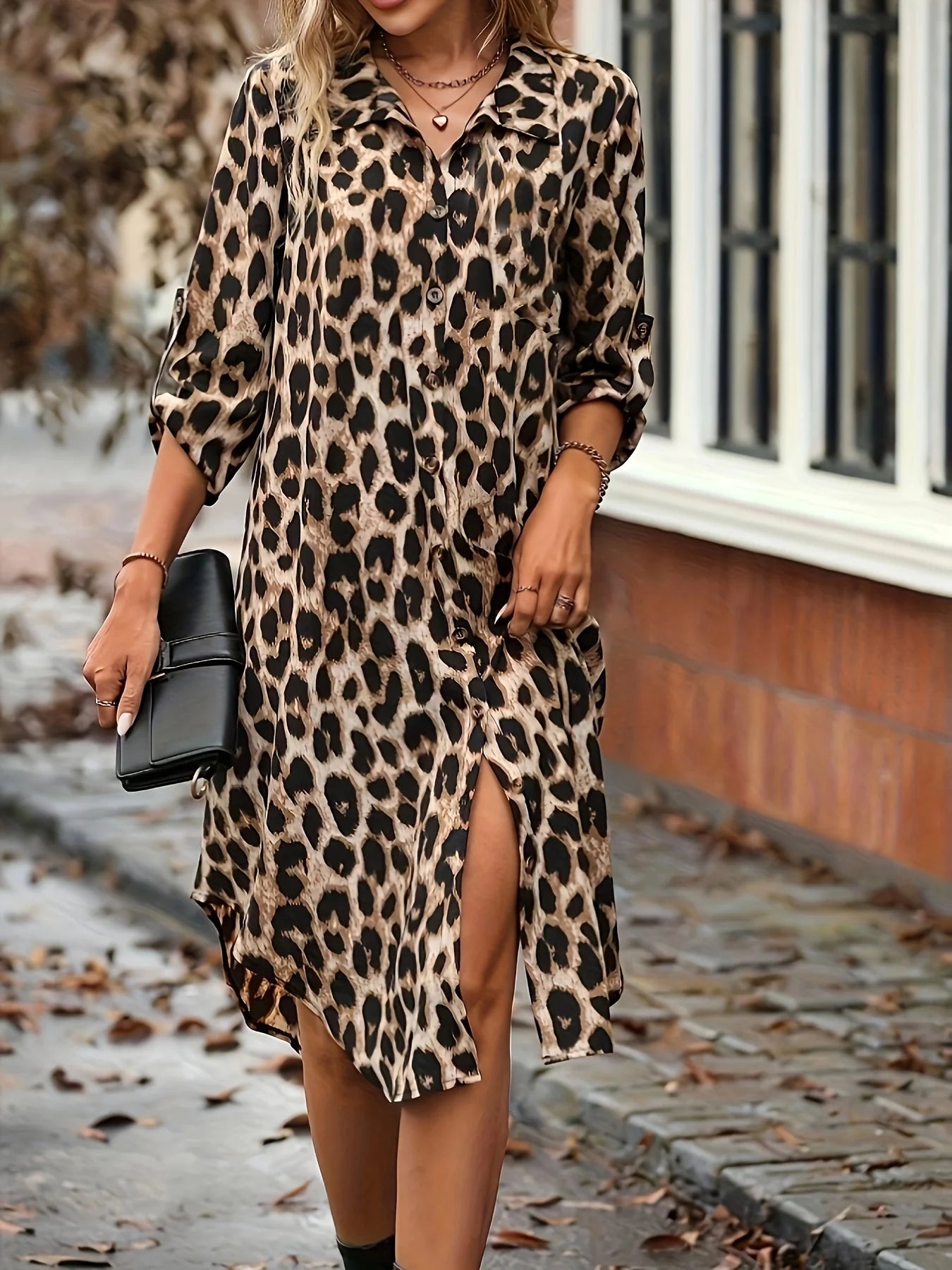 New Elegant Women's Summer Leopard Shirt Dress Casual Loose Turn Down Collar Mid Calf Straight Long Dresses