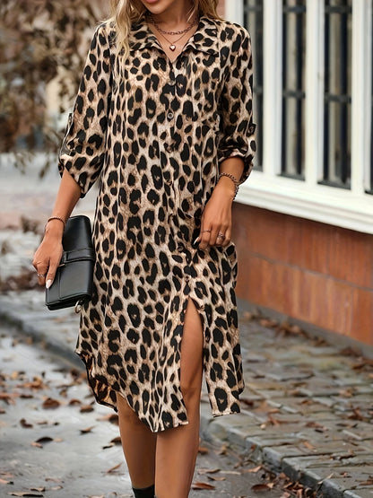 New Elegant Women's Summer Leopard Shirt Dress Casual Loose Turn Down Collar Mid Calf Straight Long Dresses