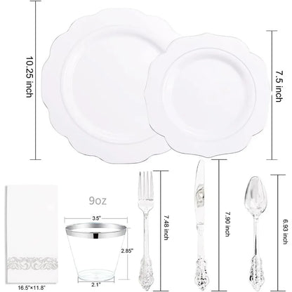 175PCS Plastic Plates - Heavy Duty Disposable Plates with Gold Rim Include 25 Dinner Plates, 25 Cups, 25 Napkins, 75 Cutlery