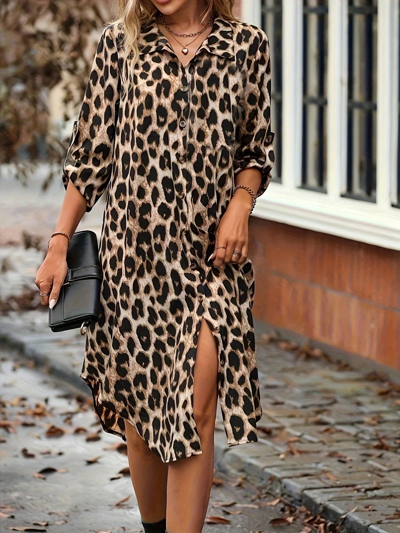 New Elegant Women's Summer Leopard Shirt Dress Casual Loose Turn Down Collar Mid Calf Straight Long Dresses