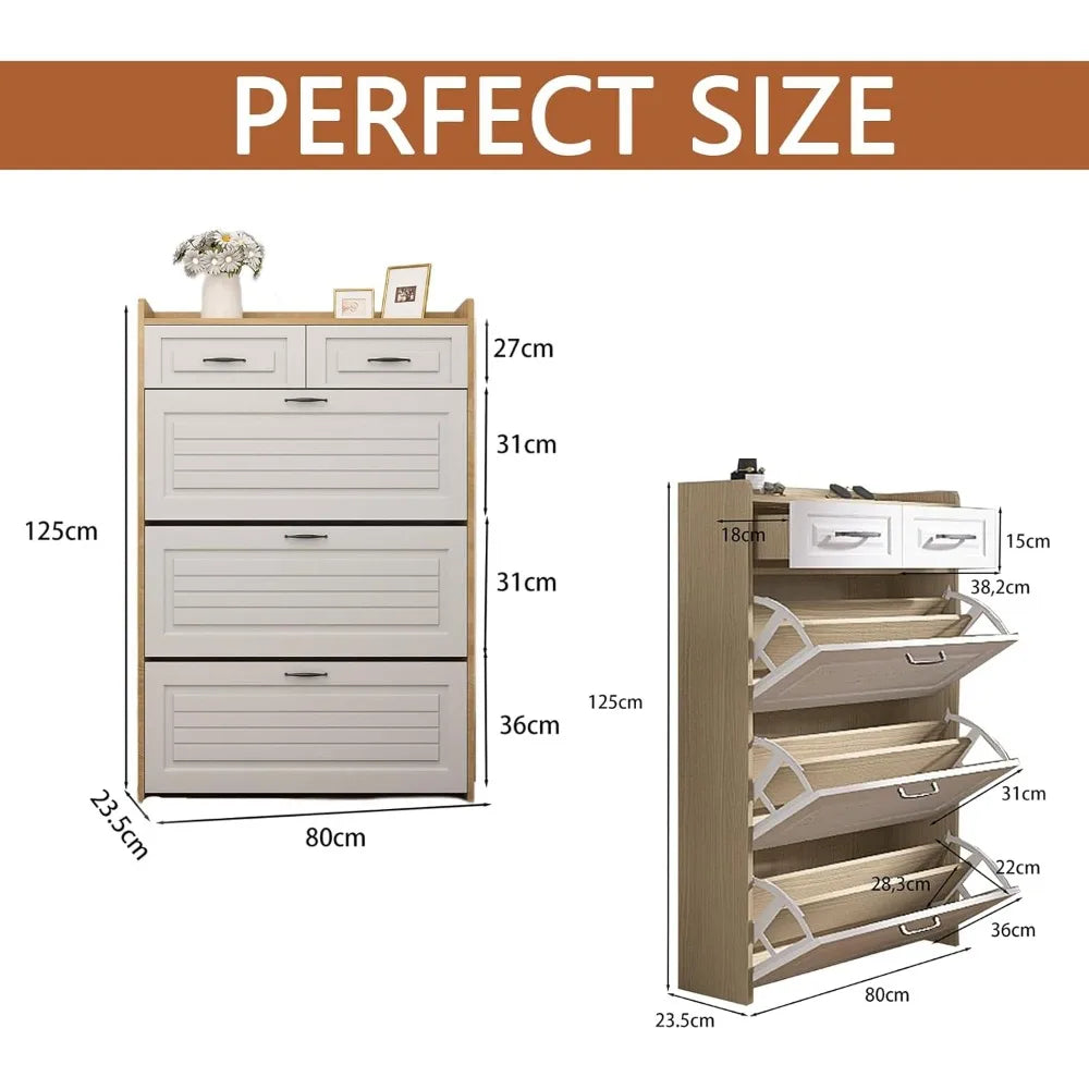 Narrow flip Shoe Cabinet -3-Layer flip Drawer+2 Storage Drawers, Ultra-Thin Shoe Cabinet Suitable for Various Shoes